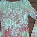 Y2K Unity World Wear Damask/Baroque Design Green/Pink Ribbed Long Sleeve Top Green Size M Photo 1