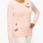 Talbots CREWNECK SWEATER EMBROIDERED BUTTERFLY STRIPE pink & white medium petite Photo 0