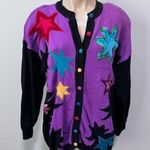 Qui Designer Collection Sweater Cardigan Stars Vintage 80s Sequin Purple Pop Photo 0