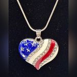 American Flag Themed Red White and Blue Heart Pendant Necklace Silver Photo 1