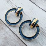 Vintage Earrings for Pierced Ears Blue & Gold Tone Circle Dangle Photo 2