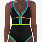 Popvil One Piece Swimsuit Tummy Control Cutout Black Neon Color Block Adj L NWT Size L Photo 0