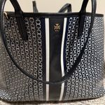 Tory Burch Gemini Link Canvas Tote Navy Black Striped Chain Print Large Bag Photo 5