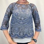 HD in Paris Women's Sheer Floral Crewneck Lace Blouse Shirt 2 Blue Periwinkle Photo 0