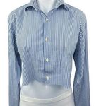 Reiss  Blue White Striped Button Up Collar Long Sleeve Crop Shirt Blouse Top Sz L Photo 0