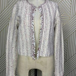 Theory Galinne Speckle Boucle Knit Fringe Sweater Jacket Cream Red Size Small Photo 5