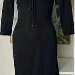 London Times Black Ruched Sheath Plunge V-Neck LBD Midi Dress Size 6 Photo 0