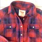 Women’s S/M Red Navy Plaid Flannel Long Sleeve Button Up Shirt Mossimo Small Photo 2