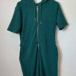 YITTY  XL Teal Green Fuzzy Short Sleeve Hooded Romper Jumpsuit Zip Pockets Photo 0