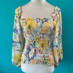 Shoshanna Cece Smocked Floral Print Top Yellow Square Neck Blouse Size M Photo 2