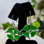Silver Green Enamel Clover Drop Earrings New Photo 0