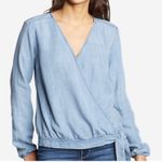 Eddie Bauer  Chambray Tranquil Tencil Wrap Boxy Long Sleeve Blouse Womens LP Blue Photo 2