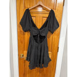 Free People  Perfect Day Black Cotton Mini Dress M Boho Puff Sleeve Cutout Photo 2