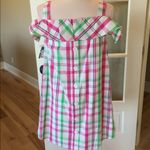 Crown & Ivy  pink lime white plaid open shoulder dress Summer New Photo 6