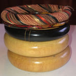 5 Boho Tan & Black Wooden Fabric Bangle Bracelets Photo 0