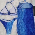 3 Pieces Tie Dye Bikini Sets, Halter Neck High Cut With Cover Up Dress Slight Stretch Swimsuit Size XL Blue Photo 2