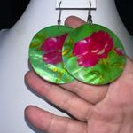 Vintage Hand Painted Large Shell Disc Earrings Pink Photo 4
