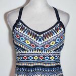 Yonique Feather Print Boho Tankini Top NWT Size Medium Aztec Print Tankini Blue Photo 1