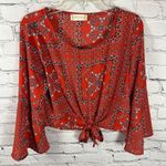 Altar'd State Altar’d State Mackenzie Red Bandana Print Tie Front Bell Sleeve Cropped Shirt S Photo 0