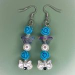 Handmade Coquette Aesthetic Blue Rose, Faux Pearl and Sparkly Butterfly Earrings Photo 0