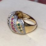 Pre-Owned 925 Gold Tone Ring Green Magenta Dark Blue Stones Elegant Fancy Chic Photo 5