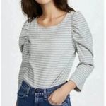 Rebecca Taylor  La Vie Grey & White Stripe Cotton Puff Sleeve Blouse Size Large L Photo 1