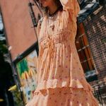 Free People Bohemian Gypsy Tiered Ruffle Maxi Dress Size XL Plunge Billowy Photo 0