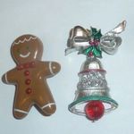 2 Vintage Xmas Christmas Holiday Brooches Pins, Gingerbread Man, Silver Bell EUC Photo 9