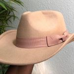 Tan brown faux suede cowboy cowgirl western boho hat cap fedora pink bow Photo 2