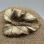 Vintage Brooch Pin Brushed Textured Gold Tone Leaf Crystal Rhinestones Judy Lee Photo 14