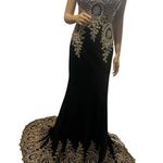 Shail K Rhinestone Mesh Black Gold Evening Gown W/ Train Size 10 Prom Photo 8