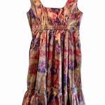 DKNY Sleeveless Floral Abstract Print Ruffle Boho Dress Gold Purple Size 4 Photo 0