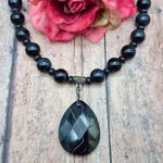Artisan Black Glass Bead Collar Necklace Tigers Eye Faceted Teardrop Pendant Photo 0