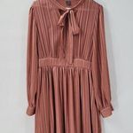 SheIn Maxi Dress M Pink Sparkle Stripes Tie Neck Long Puff Sleeve Shirred Waist Photo 0