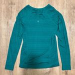 Athleta  | Blue Green Thin Stripe Quarter Zip Ruched Sleeve Performance Top, L Photo 1