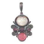 Sagen Silver Pendant Mother of Pearl Moon Face Garnet Ruby Peach Quartz Gemstone Photo 5
