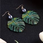 Bohemian Style Green Leaf Drop Earrings With Imitation Pearl Hollow Photo 13