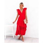 VICI  Carrie in Paris Tie Shoulder Tulle Tiered Polka Dot Midi Dress Photo 1