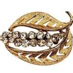 Classy Vtg Art Deco Gold Tone Leaf Pin Clear Rhinestones 1.5" Retro Glam Unsigne Photo 0