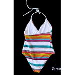 Loft Beach Swimsuit Size 4 Striped One Piece Halter Shelf Bra V Neck New… Photo 2