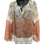 Taylor & Sage  Floral Chiffon Peach/Ivory Long Sleeve Tie Neck Blouse Size‎ M Photo 0