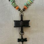 Stabilized Turquoise & Carnelian Beaded Necklace with Industrial Cross & Dragonf Photo 1