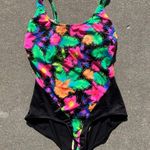 Vintage 90s Pacific Connections neon tropical hibiscus one piece swimsuit Black Size L Photo 4