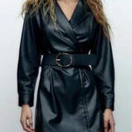 ZARA  Black Faux Leather Blazer Dress Puff Sleeve V Neck Double Breasted Sz M Photo 0