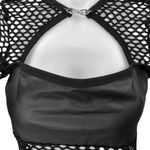 SheIn Women's Black Cut Out Front Fishnet Mesh Short Sleeve Crop Blouse Top Sz L Photo 2