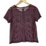 Charlotte Russe  Sheer Mesh Embroidered Top Womens L Purple Floral Boho Romantic Photo 0