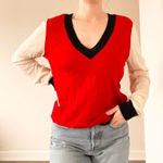 St. John Vintage  Red and Cream V-Neck Wool Sweater Photo 0