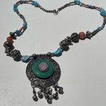 Vintage Boho Tribal Medallion Pendant Necklace Carnelian Turquoise Multistone Blue Photo 8