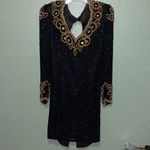 vintage Morigana long sleeve heavily beaded black and gold silk dress 70s 80s Size 10 Photo 1