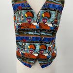 Vintage 90s Nicole Miller Silk Vest Australia Pattern Black Blue Red NEW Large Photo 6